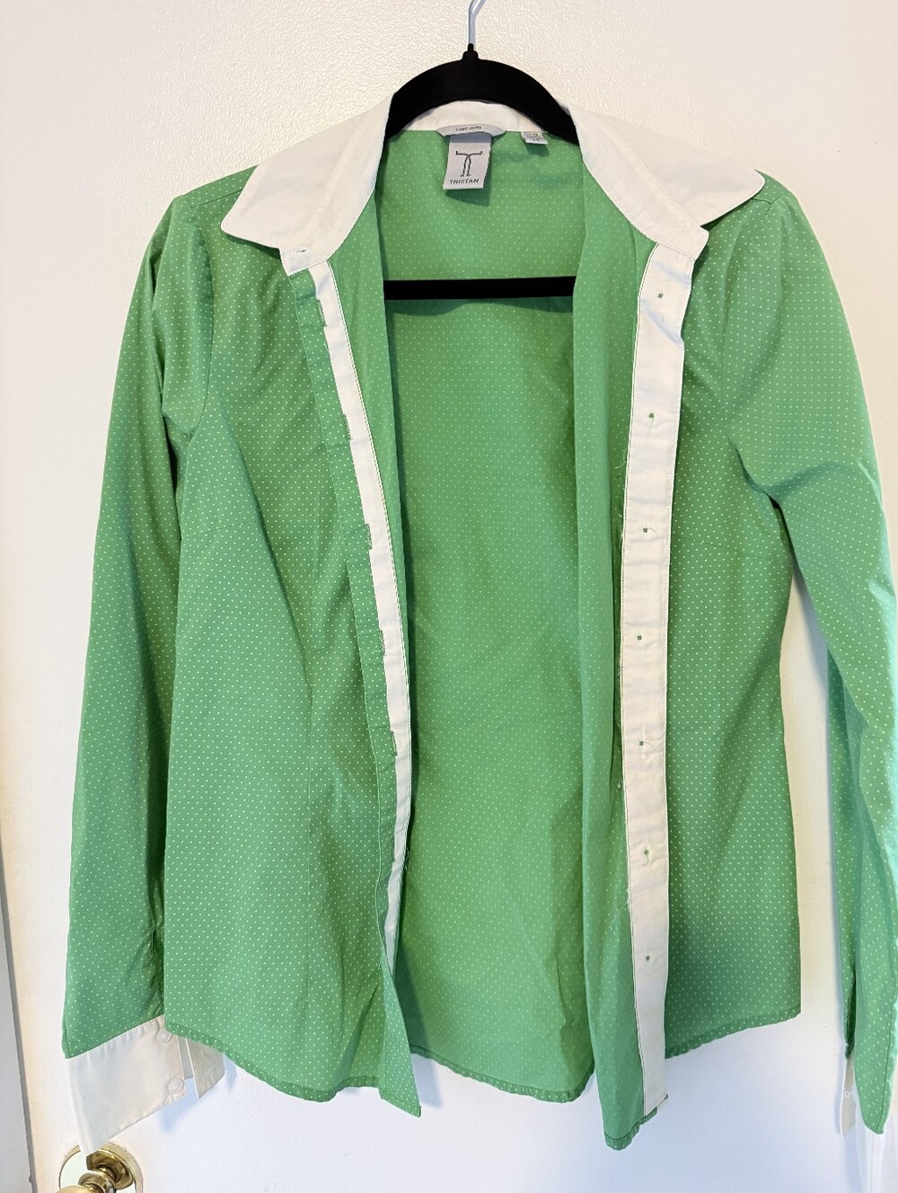 Tristan Green Button-Front Shirt with White Contrast Collar